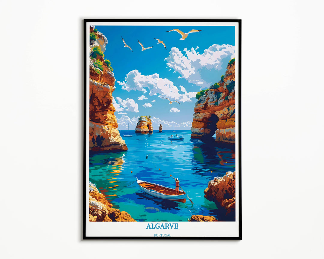 Algarve Travel Print - Benagil Sea Cave - Cadeau de pendaison de crémaillère - Illustration de l’Algarve - Affiche du Portugal