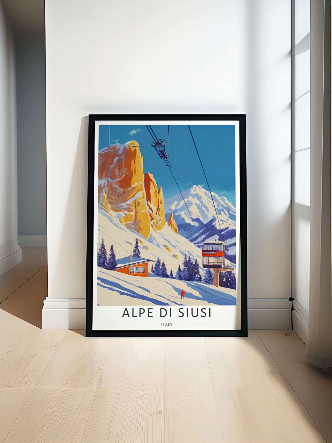 Alpe di Siusi alpine valley scenery featuring a vibrant orange ski chalet tucked away near deep pine trees. This MapYourDreams travel poster is offered in high-quality framed, canvas, and poster variations.