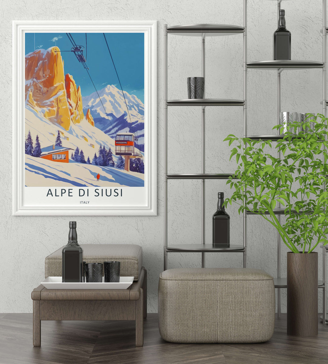 Italian Alps wall decor piece focusing on an Alpe di Siusi cable car line rising up toward snow-capped peaks. Perfect travel poster for home styling, accessible in premium framed, canvas, or print editions.