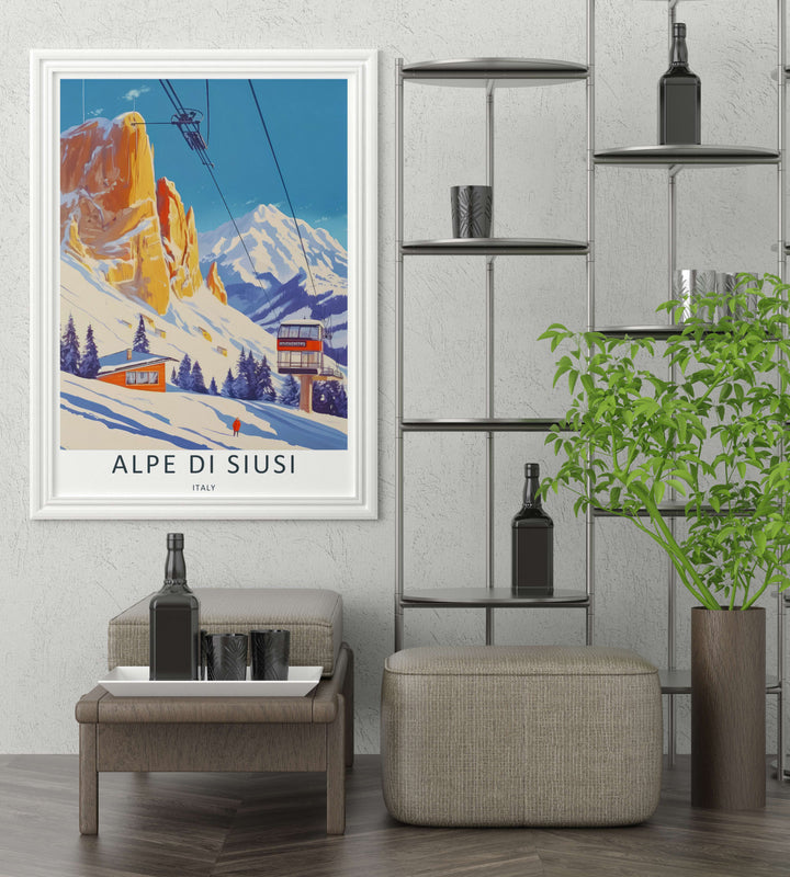 Italian Alps wall decor piece focusing on an Alpe di Siusi cable car line rising up toward snow-capped peaks. Perfect travel poster for home styling, accessible in premium framed, canvas, or print editions.