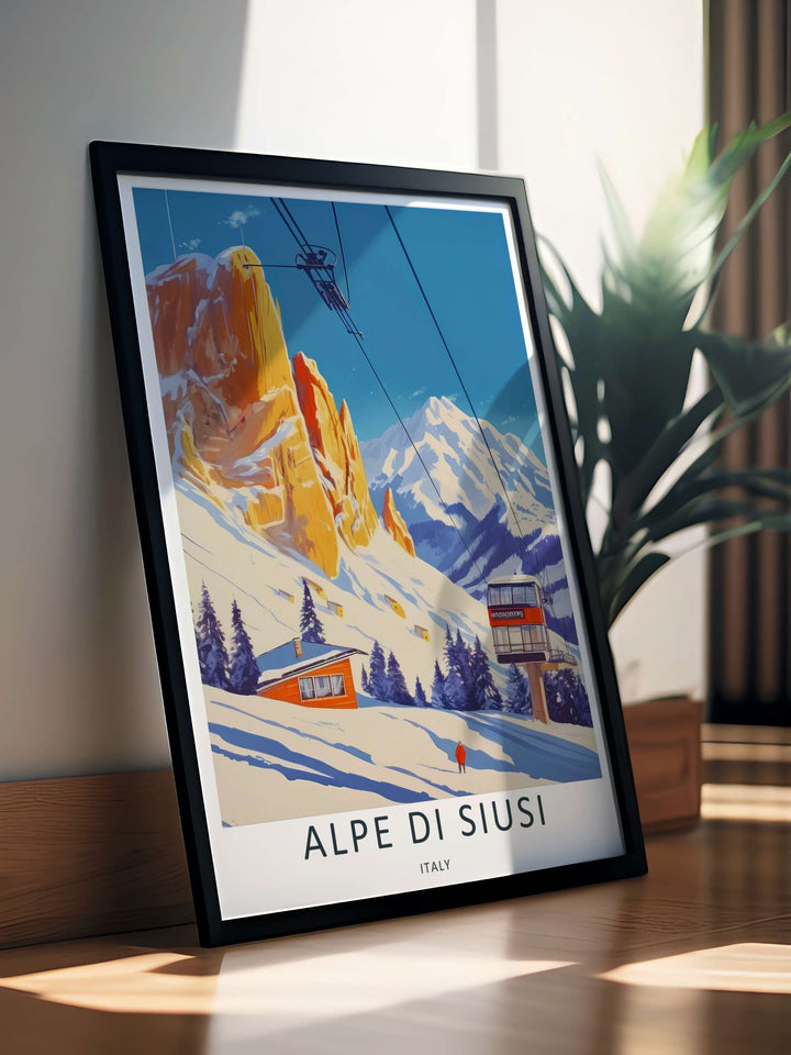 Alpe di Siusi winter landscape print detailing a solitary figure in a red jacket walking along a snowy trail in Italy. A timeless travel poster from MapYourDreams, expertly produced as an unframed print or canvas.
