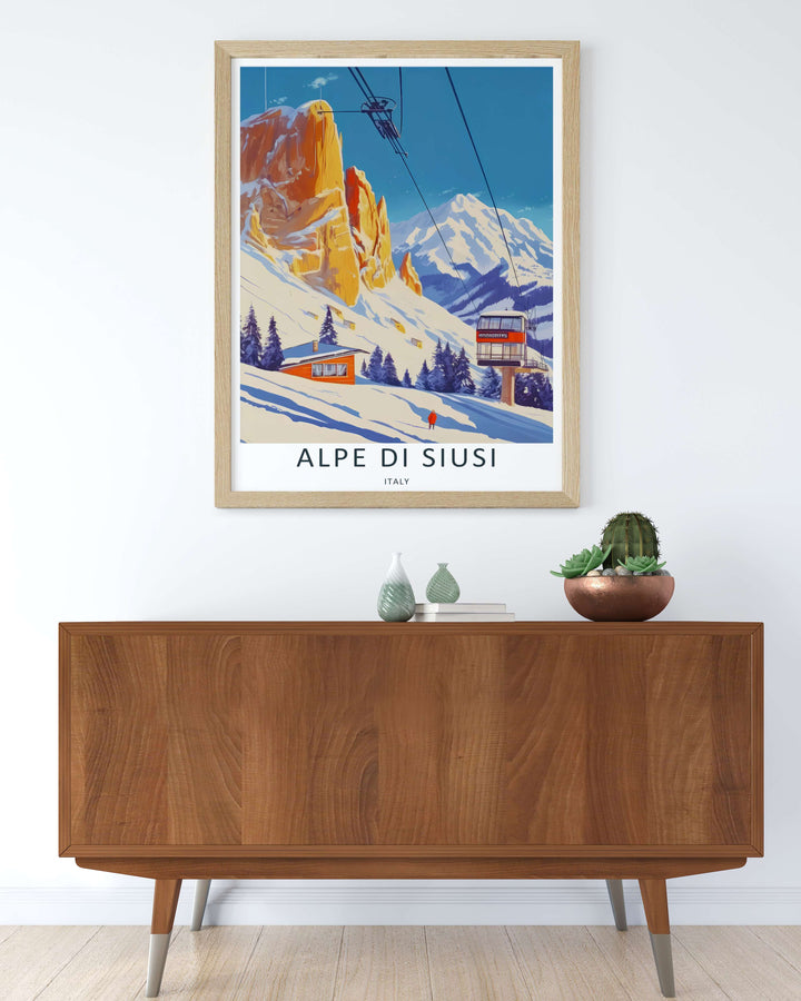 Dolomites ski resort wall art showing crisp blue shadows on Alpe di Siusi snow dunes beneath a towering, warm-toned mountain face. Upgrade your living space with this travel poster in custom framed or wrapped canvas.