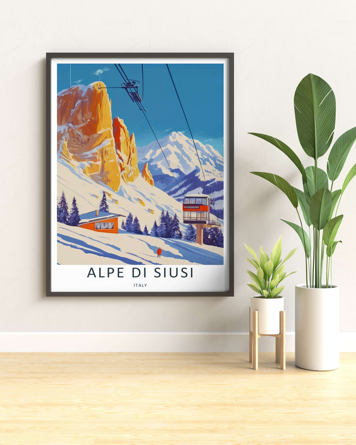Alpe di Siusi vintage travel illustration showing snowy slopes with a cozy cabin aesthetic and an alpine gondola tower. This MapYourDreams wall decor piece can be purchased as a stretched canvas or framed print.