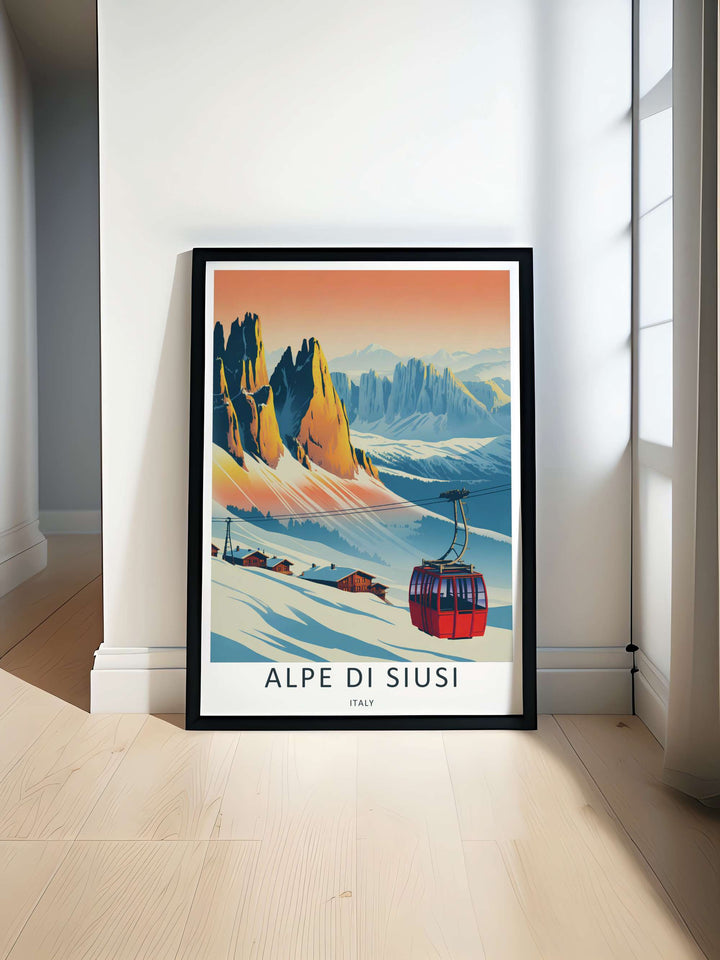 Panoramic winter mountain poster detailing the dramatic rock formations of Northern Italy at golden hour. A timeless travel poster from MapYourDreams, expertly produced as an unframed print, wood framed art, or canvas.
