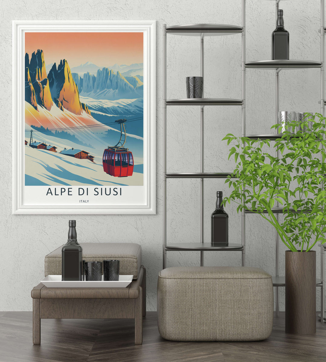 Graphic art travel poster featuring the iconic snowy peaks of the Italian Dolomites under a warm sunset sky. Designed for modern homes as an elegant canvas print, ready-to-hang framed poster, or standard paper print.