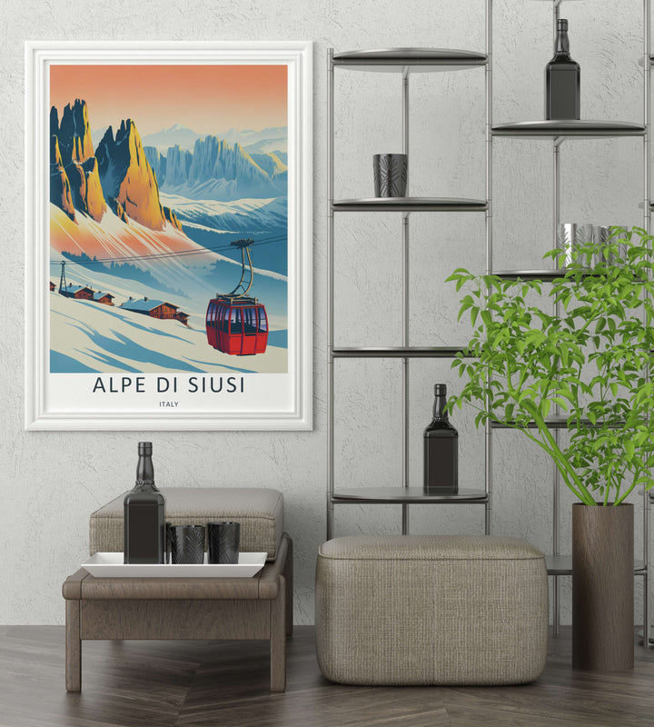 Graphic art travel poster featuring the iconic snowy peaks of the Italian Dolomites under a warm sunset sky. Designed for modern homes as an elegant canvas print, ready-to-hang framed poster, or standard paper print.