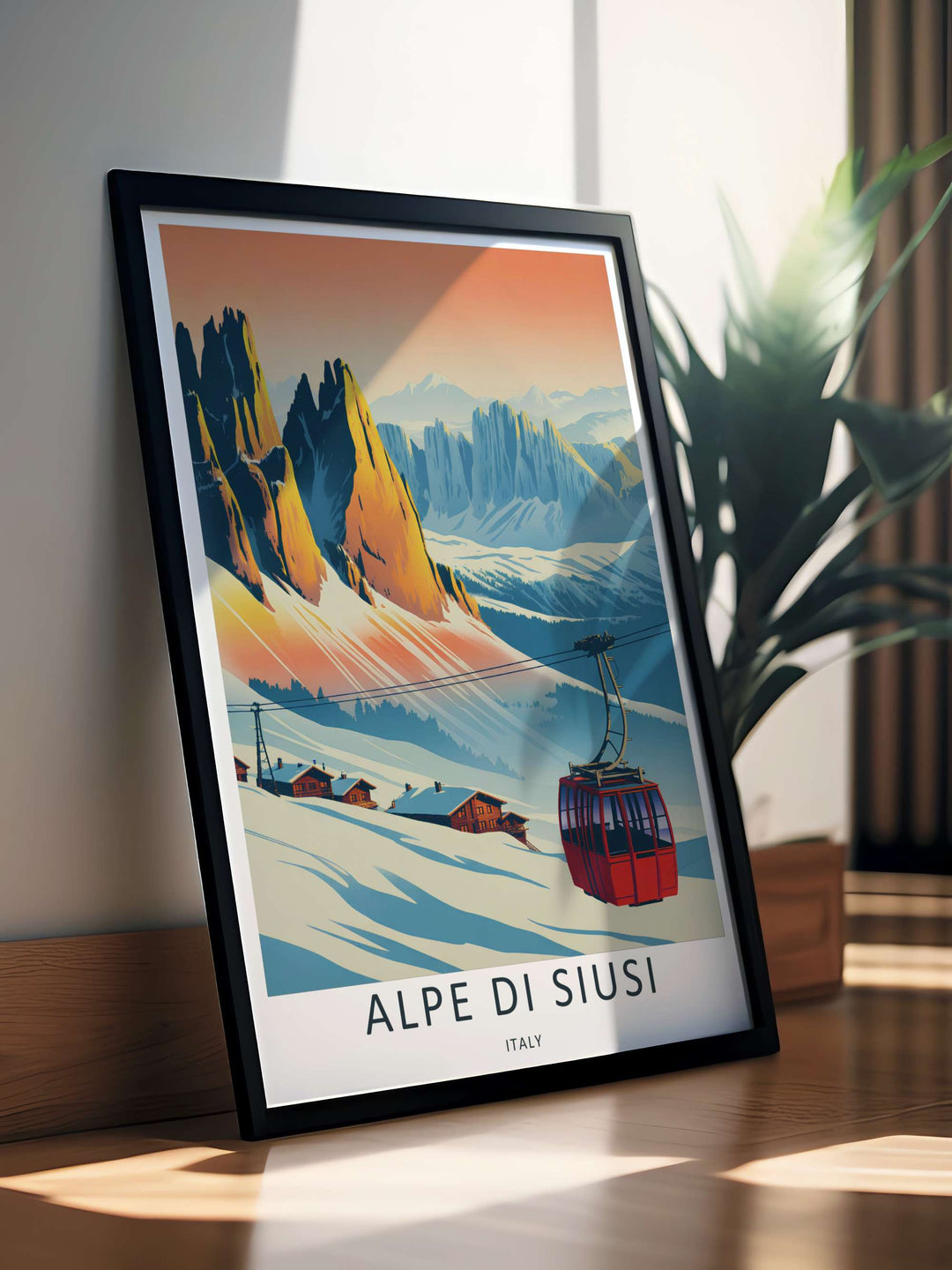 Crisp alpine landscape print depicting a cable car lift operating over snowy hills and rustic chalets in Italy. An ideal travel poster for office wall decor, available in versatile framed, canvas, and poster options.
