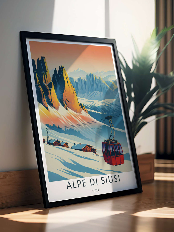 Crisp alpine landscape print depicting a cable car lift operating over snowy hills and rustic chalets in Italy. An ideal travel poster for office wall decor, available in versatile framed, canvas, and poster options.