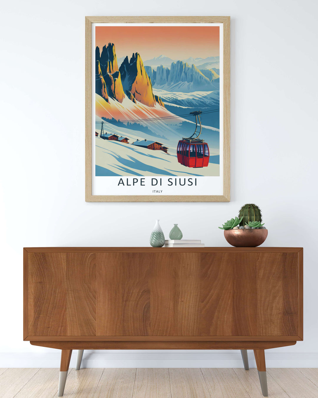 Artistic winter scenery from the Italian Alps with a beautiful contrast of warm rock faces and cool blue snow. This unique MapYourDreams travel poster comes as a gallery canvas, a sleek framed print, or a raw poster.
