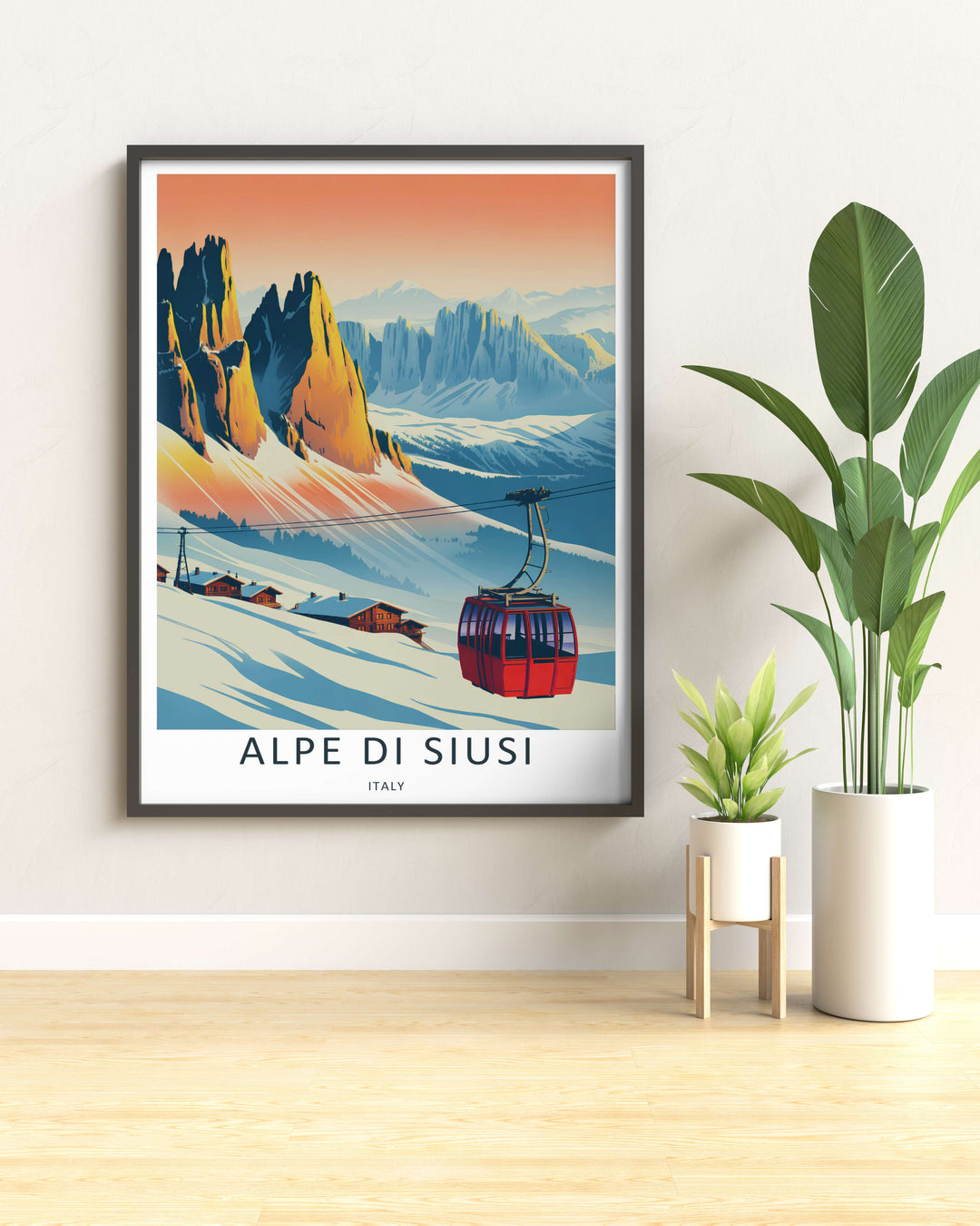 Minimalist yet colorful Italy travel poster displaying an alpine lift rising toward sun-drenched mountain peaks. Excellent choice for bedroom wall art, sold as a high-end canvas print, framed finish, or classic print.