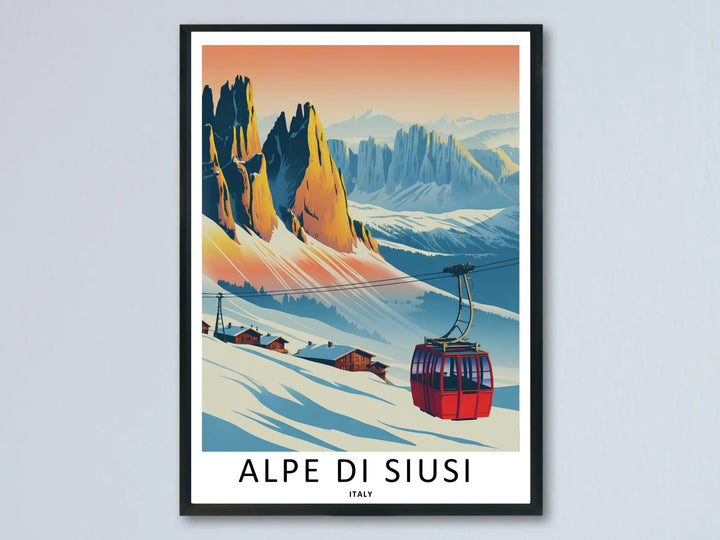 A retro-style Alpe di Siusi Italy travel poster showcasing a vibrant red cable car hovering above a snowy mountain valley. This premium wall art is sold as a framed print, canvas, or unframed poster by MapYourDreams.