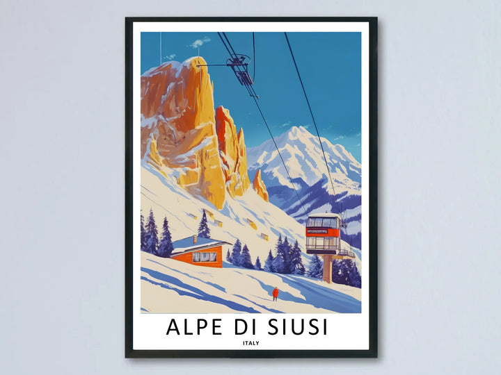 Alpe di Siusi Italy vintage style travel poster illustration showing a modern ski lift cable car station on snowy slopes. This premium wall art is sold as a framed print, canvas, or unframed poster by MapYourDreams.