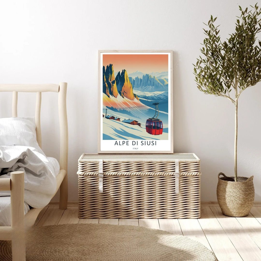 Vintage travel illustration of Alpe di Siusi slopes with a cozy cabin aesthetic and classic ski lift. This MapYourDreams wall decor piece can be purchased as a stretched canvas, framed print, or minimalist poster.