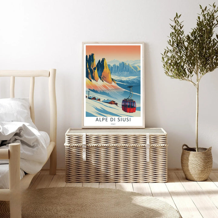 Vintage travel illustration of Alpe di Siusi slopes with a cozy cabin aesthetic and classic ski lift. This MapYourDreams wall decor piece can be purchased as a stretched canvas, framed print, or minimalist poster.