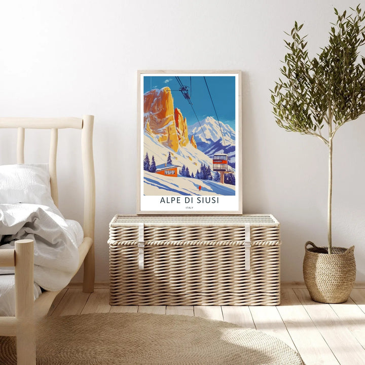 Graphic art travel poster featuring the dramatic snow-covered peaks of Alpe di Siusi rising high into a clear, bright blue alpine sky. Designed for modern homes as an elegant canvas print or ready-to-hang framed poster.