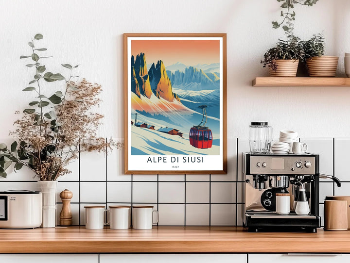Cohesive ski resort wall art showing clean geometric shadows on snowy slopes beneath majestic mountain spires. Upgrade your living space with this travel poster in custom framed, wrapped canvas, or fine art print.