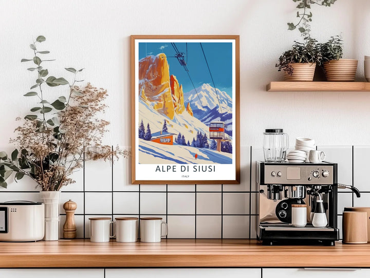 Crisp Alpe di Siusi landscape print depicting ski infrastructure operating over snowy hills and rustic chalets in Italy. An ideal travel poster for office wall decor, available in versatile framed, canvas, and poster options.