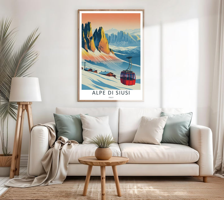 Traditional skiing destination art print highlighting the majestic views of Alpe di Siusi in winter. Elevate your gallery wall with this MapYourDreams travel poster available in framed, canvas, and unframed print formats.
