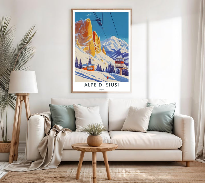 Italian Alps artistic winter scenery with a beautiful contrast of warm Alpe di Siusi rock faces and stark white snow slopes. This unique MapYourDreams travel poster comes as a gallery canvas or a sleek framed print.