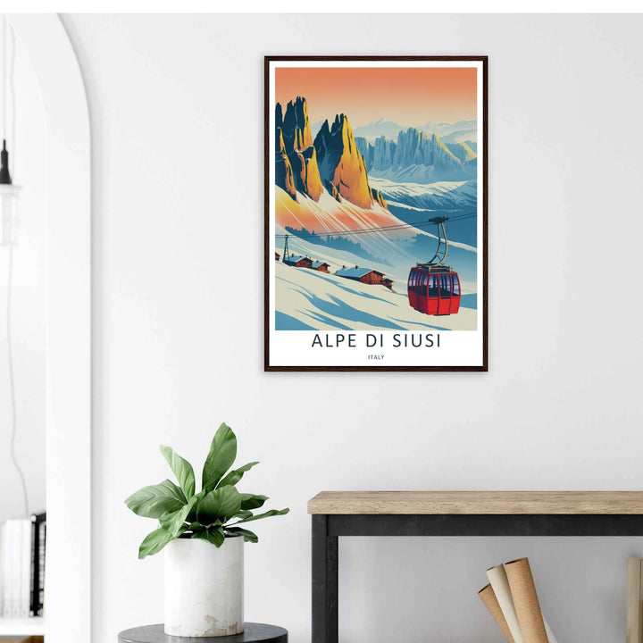 Textured look at a snow-covered valley in the Dolomites with towering peaks rising in the background. A striking nature travel poster available from MapYourDreams as an unframed poster, framed art, or durable canvas.