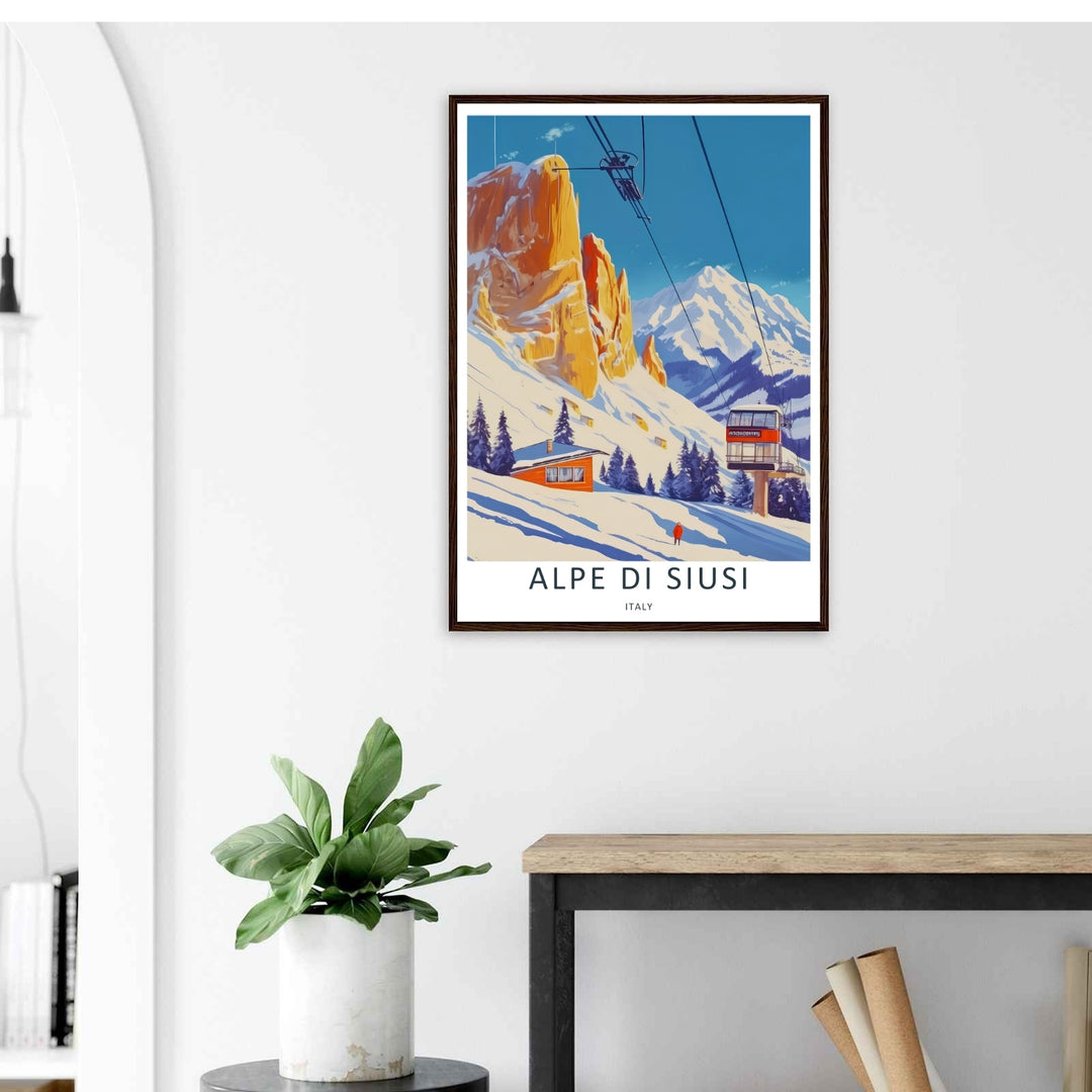 Minimalist yet colorful Italy travel poster displaying an Alpe di Siusi alpine ski lift rising toward sun-drenched mountain peaks. Excellent choice for bedroom wall art, sold as a high-end canvas print or classic print.