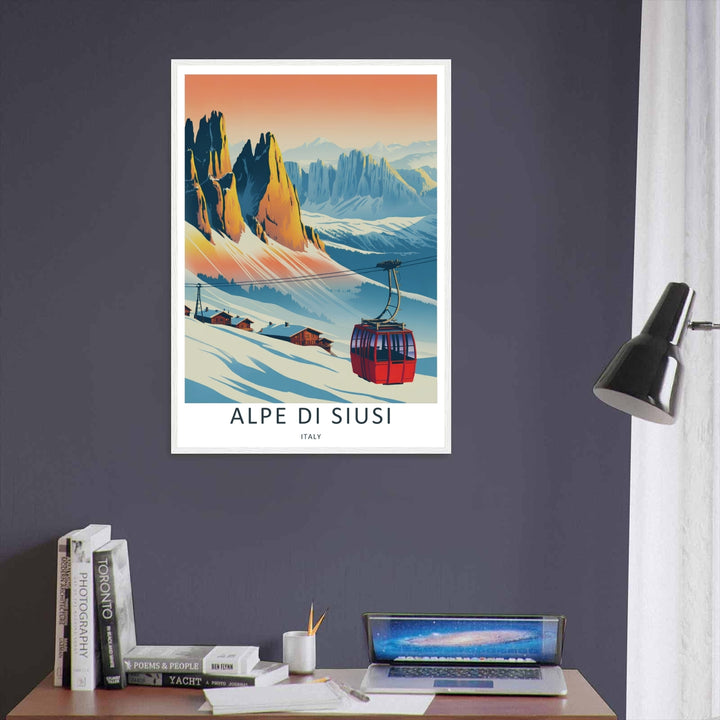 Stunning Dolomites mountain wall art capturing the warm orange sunset reflecting off sharp alpine peaks. Available as a gallery canvas wrap, classic unframed print, or sleek framed poster to enhance room decor.