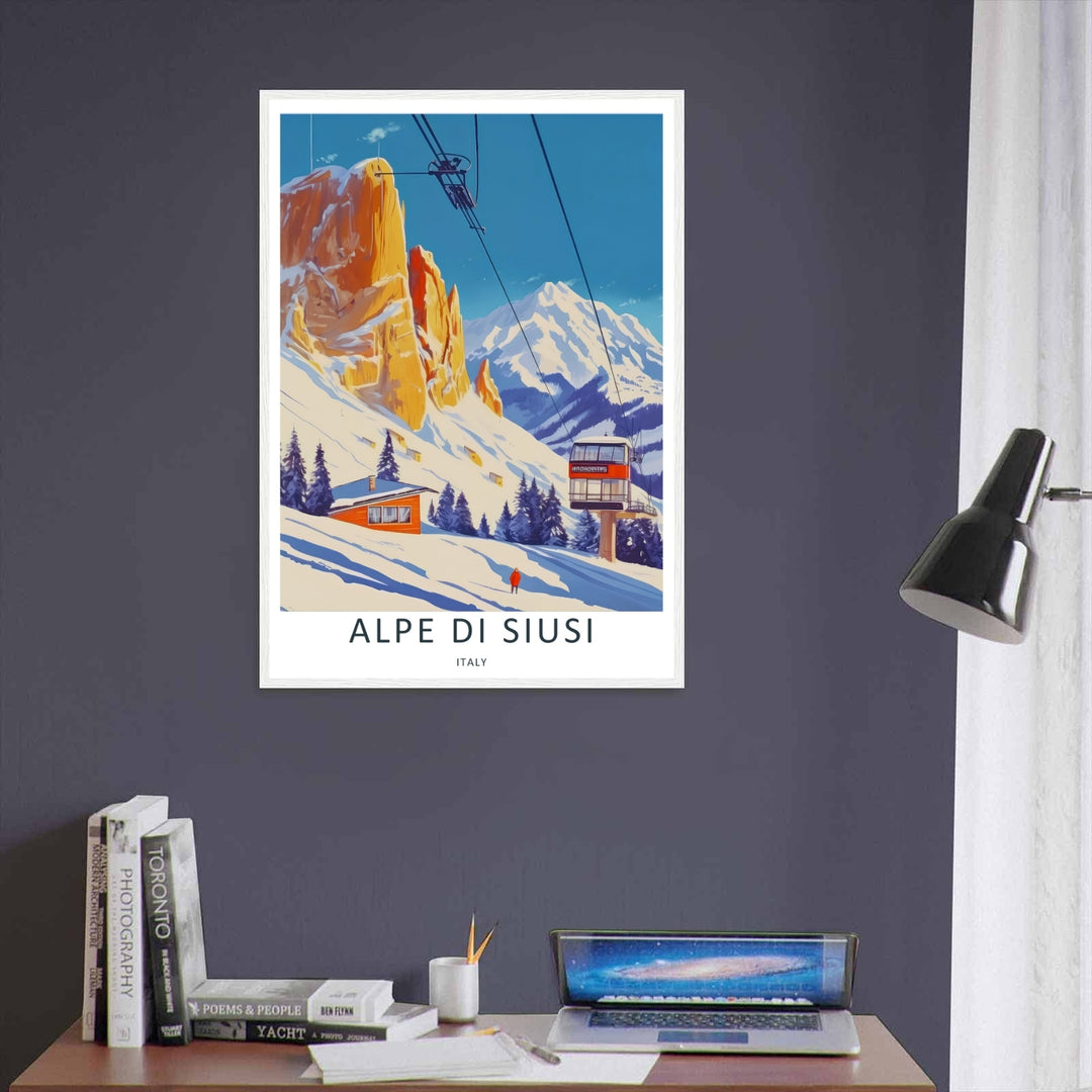 Dolomites traditional skiing destination art print highlighting the majestic views of Alpe di Siusi in winter with a vector style design. Elevate your gallery wall with this MapYourDreams travel poster in framed or canvas formats.