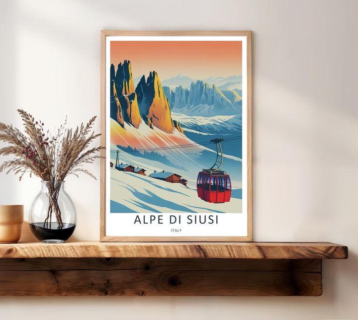 Mid-century inspired winter landscape art featuring traditional wooden cabins tucked away in deep snow drifts. This MapYourDreams travel poster is offered in high-quality framed, canvas, and poster variations.