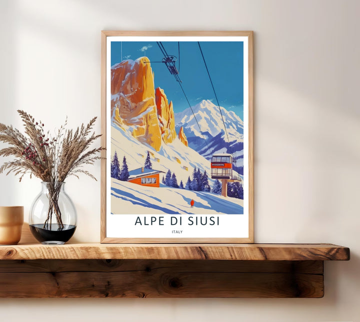 Vector graphic look at a snow-covered valley in Alpe di Siusi with towering peaks rising in the background under a blue sky. A striking nature travel poster available from MapYourDreams as an unframed poster or durable canvas.