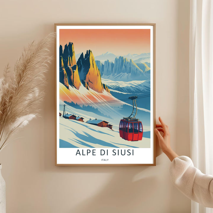 A picturesque Italian Alps wall decor piece focusing on a crimson ski gondola lifted into a pastel gradient sky. Perfect travel poster for home styling, accessible in premium framed, canvas, or print editions.