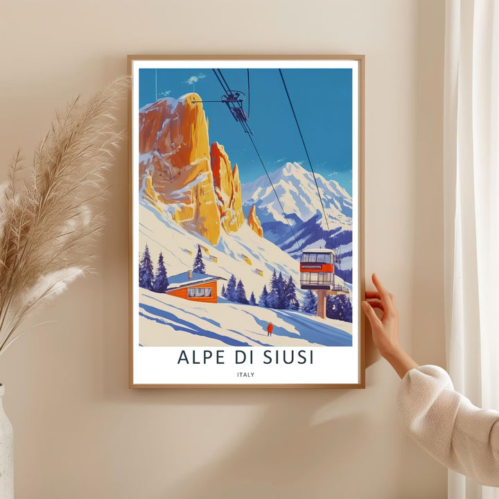 Dolomites mountain wall art capturing a brilliant blue sky behind the massive, sun-kissed peaks of Alpe di Siusi. Available as a gallery canvas wrap, classic unframed print, or sleek framed poster for room decor.