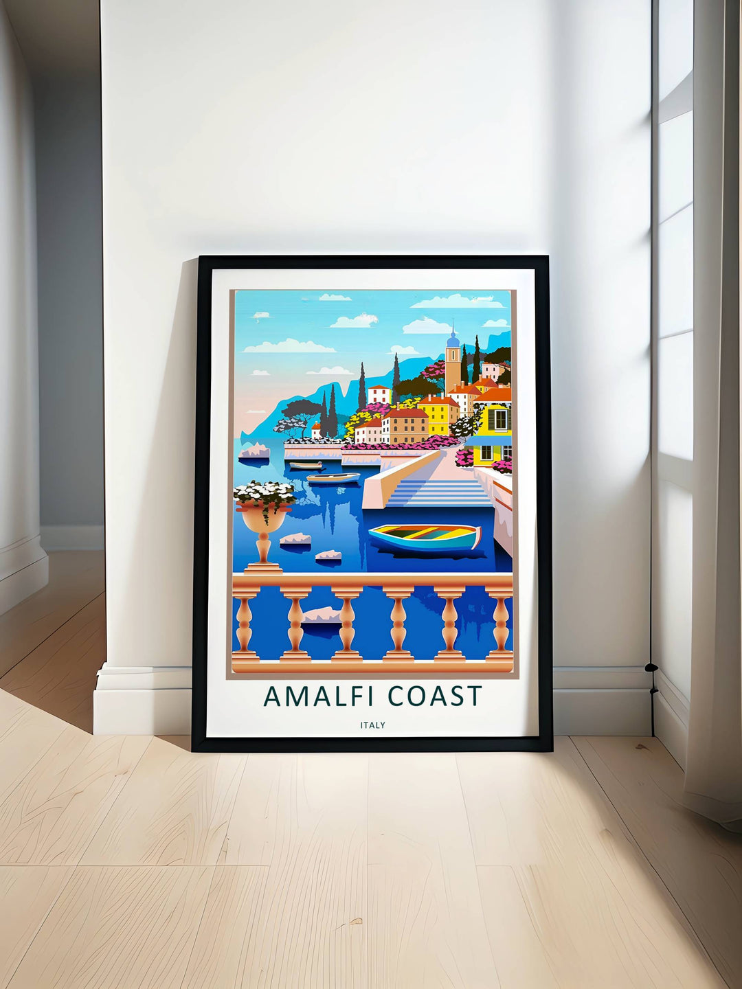Gallery wall layout featuring a mix of framed and unframed Amalfi Coast Italy prints to inspire home decorators.