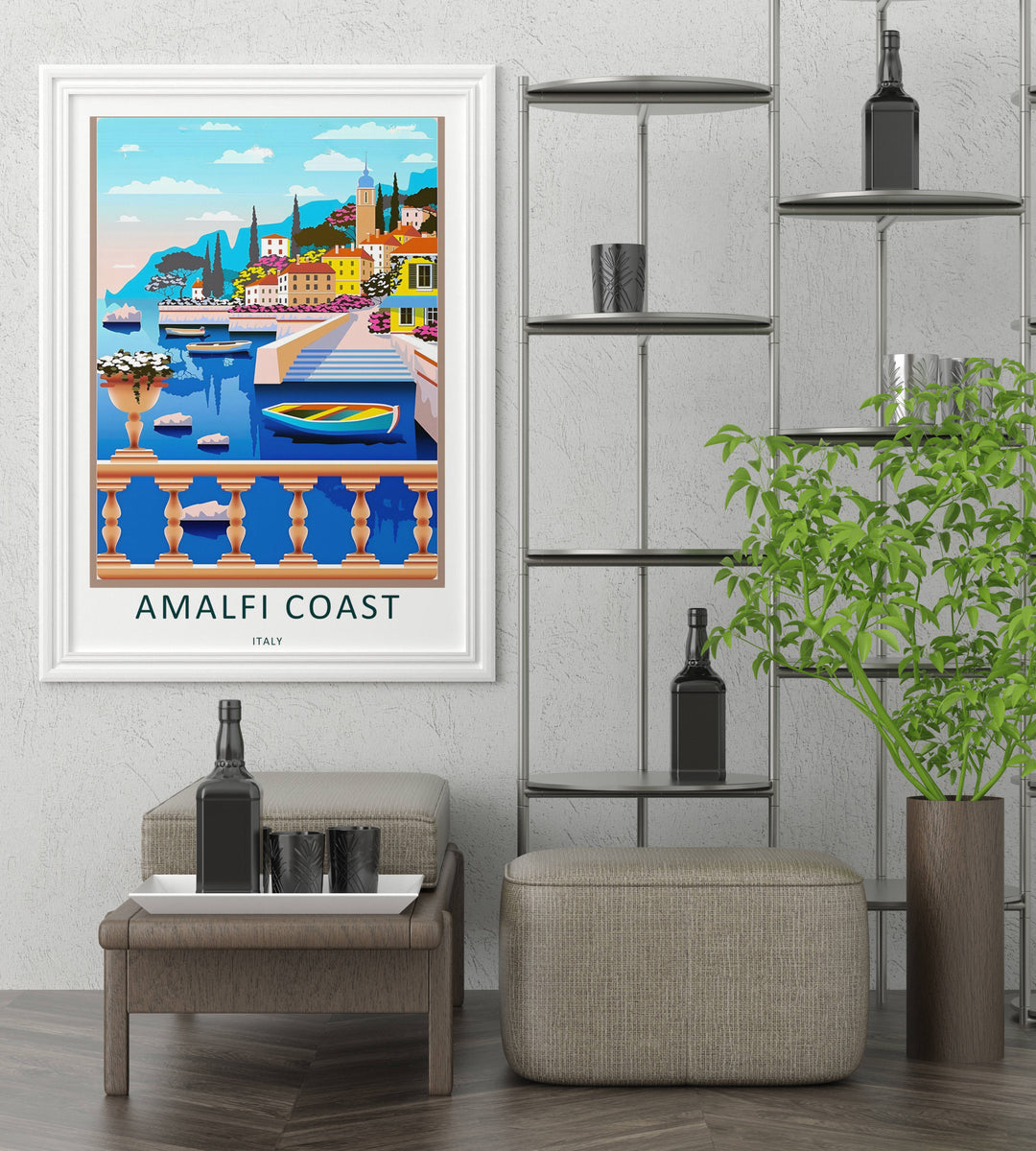 Detailed close-up view of an Amalfi Coast village design, highlighting the historic church bell tower and green cypress trees.