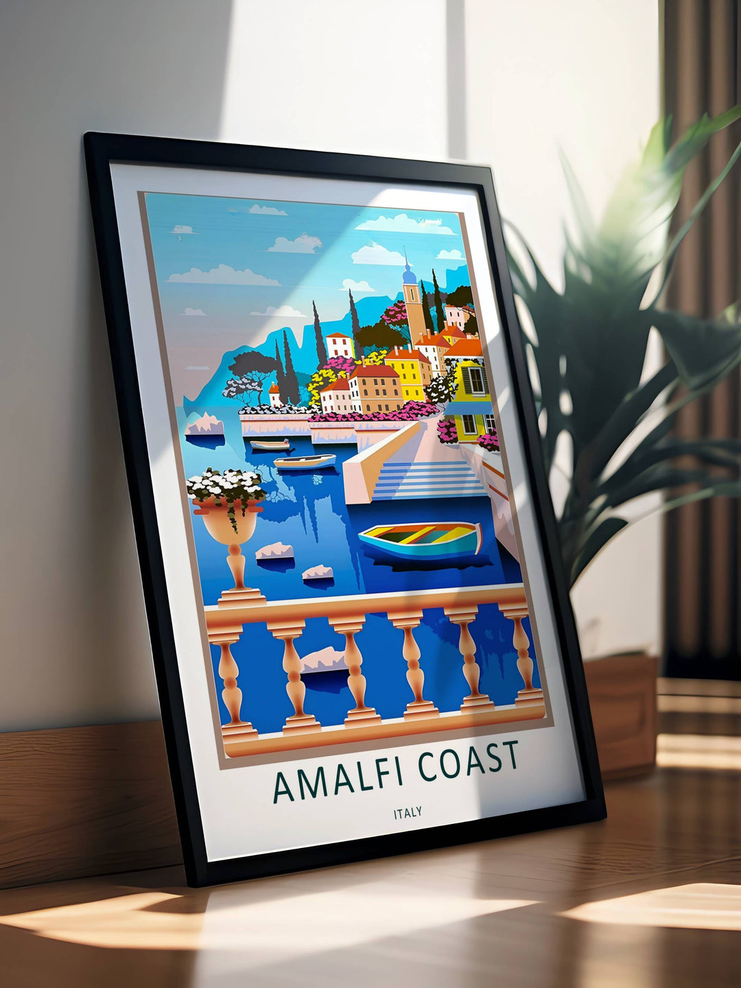 Side angle perspective of a professionally framed Amalfi Coast travel print, highlighting the clean edges of the black border.