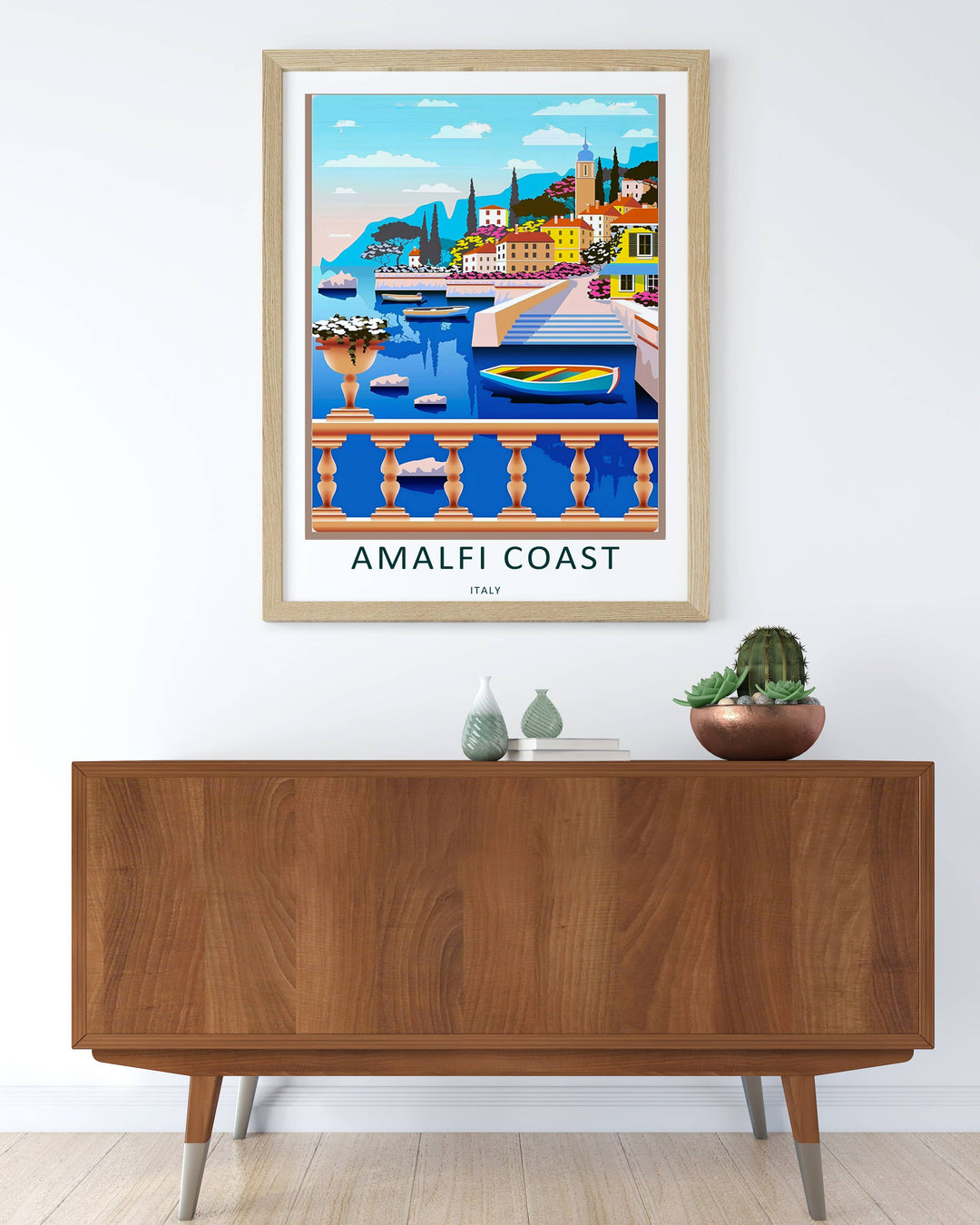 Artistic Amalfi Coast decor showcasing the contrast between steep coastal cliffs and a bright, clear summer sky.