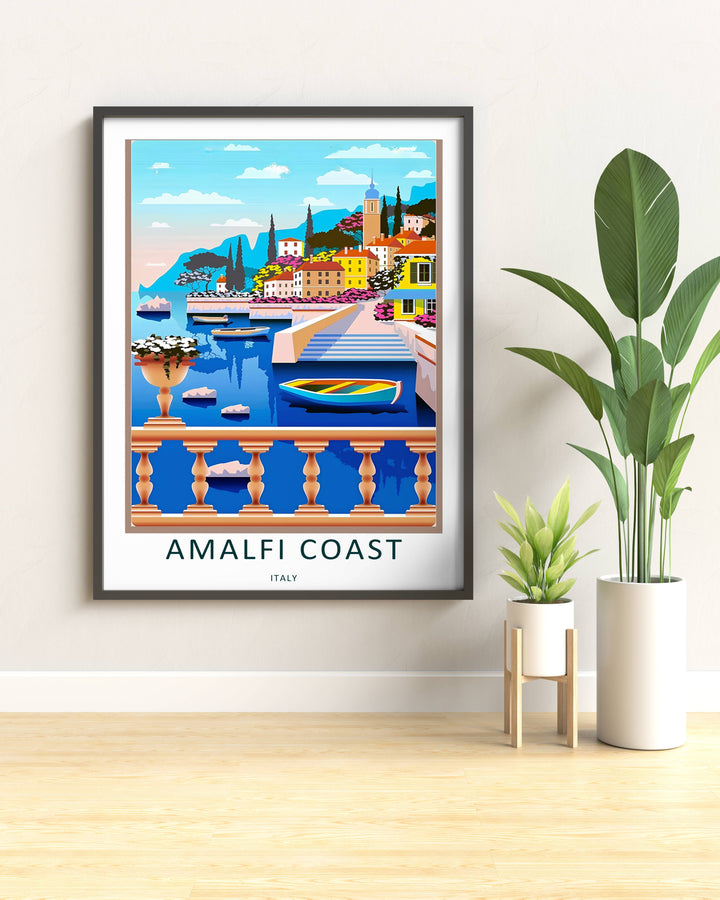 Crisp graphic design of an Amalfi Coast terrace view with an ornate flower urn, styled on a neutral gallery wall.