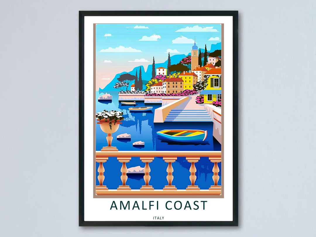 Retro travel poster of the Amalfi Coast featuring colorful Mediterranean villas on a hillside, beautifully framed on a living room wall.