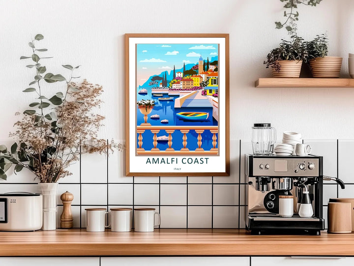 Framed Amalfi Coast wall art with vibrant pink bougainvillea accents, ideal for a bright Scandinavian-style living room.