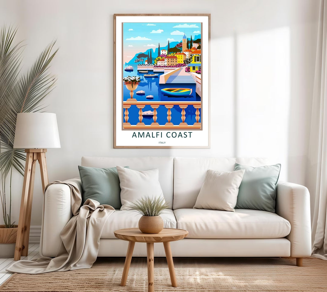 Illustrative Amalfi Coast scenery print with a sun-drenched palette of ocean blue, terracotta, and sunny yellow houses.