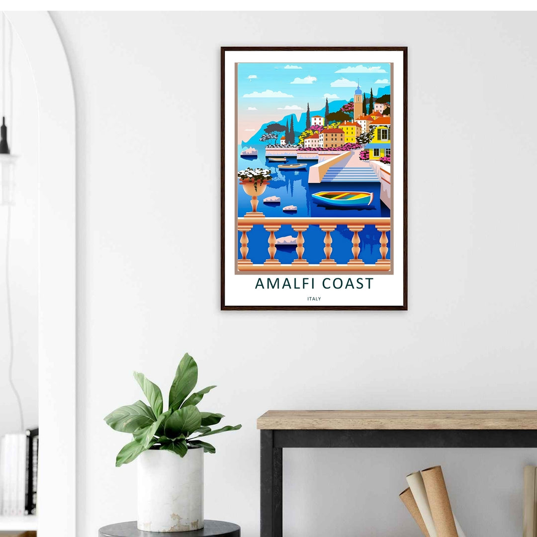 Premium matte paper illustration depicting a peaceful morning on the Amalfi Coast, using fade-resistant archival inks.
