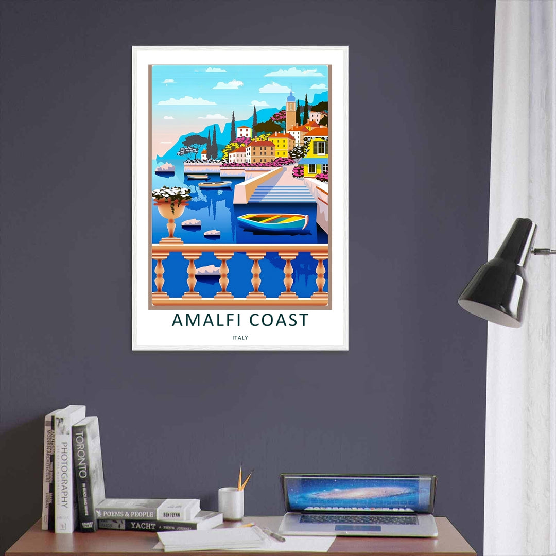 Unframed Amalfi Coast art print showing a picturesque coastal town built into steep cliffs, printed on premium matte paper.