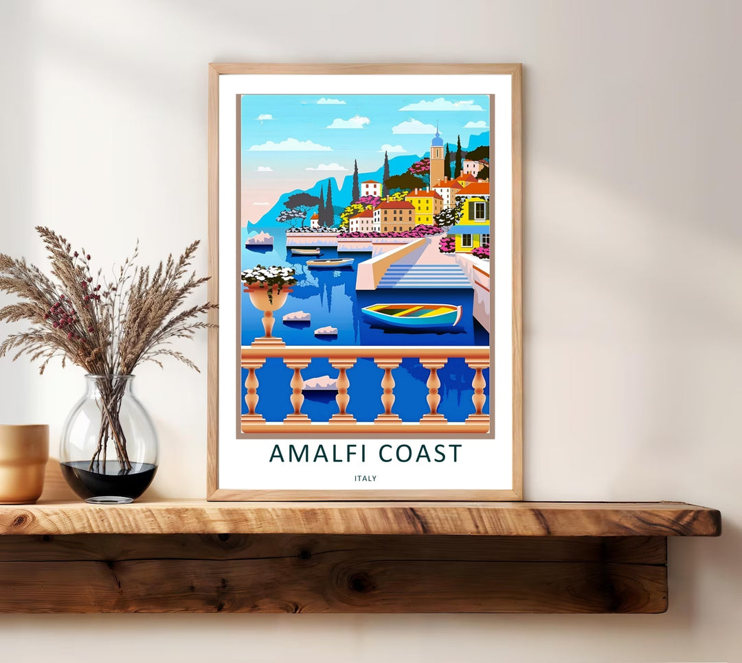 Vertical Italy coastal illustration featuring a stone balustrade balcony overlooking deep blue sea waters and floating rowboats.