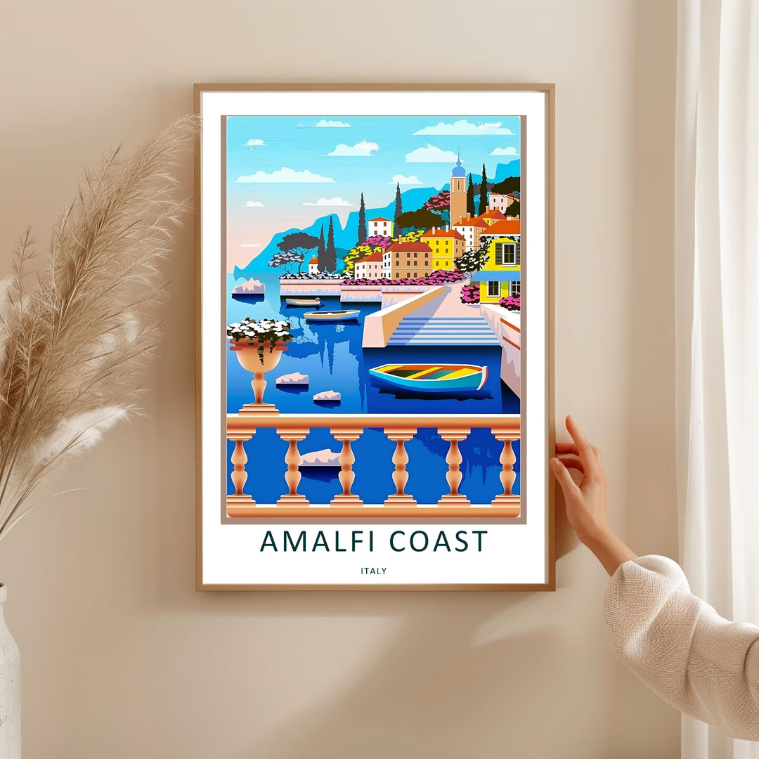Graphic art print of an Amalfi Coast seaside village during peak daylight, making a great housewarming gift for world travelers.