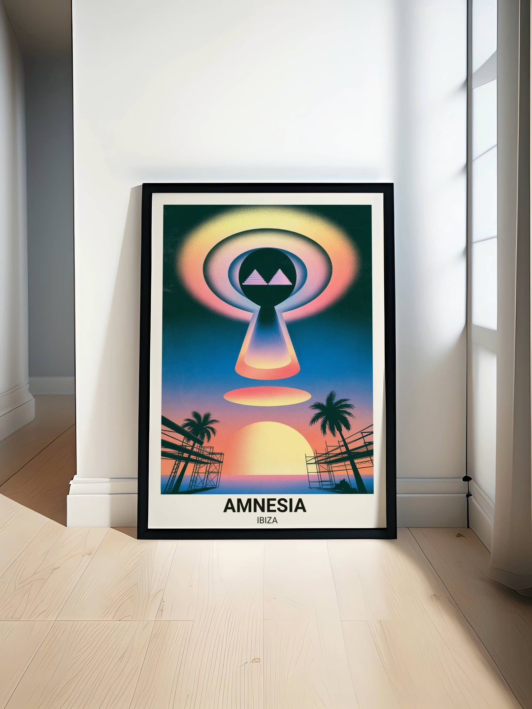 Map Your Dreams Amnesia Ibiza The Sunrise Portal art print featuring a surrealist keyhole design and iconic pyramids. Museum-grade satin-matte finish for high-end gallery decor.