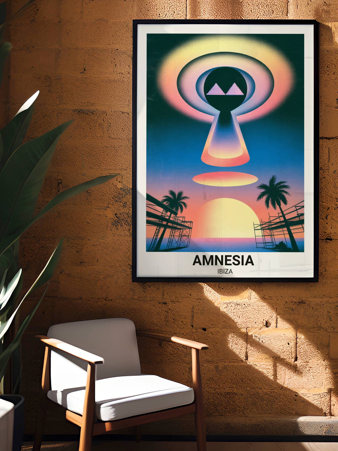 Luxury meets nostalgia in this Map Your Dreams Amnesia Ibiza print. A stunning visual of the legendary terrace sunrise utilizing professional high-contrast architectural design.