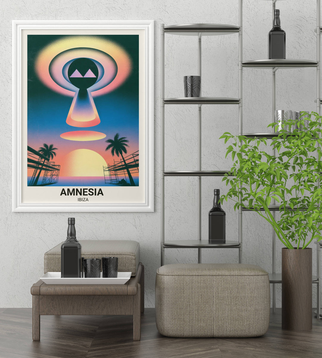 Map Your Dreams exclusive Amnesia Ibiza print. A museum-grade satin-matte artwork with heavy Riso grain textures designed for luxury home studios and modern music enthusiasts.
