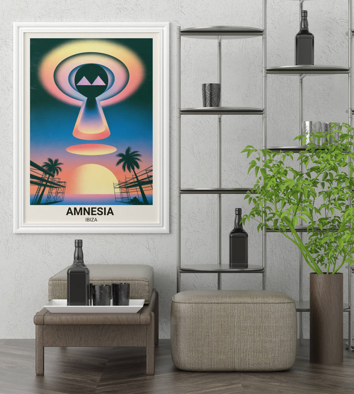 Map Your Dreams exclusive Amnesia Ibiza print. A museum-grade satin-matte artwork with heavy Riso grain textures designed for luxury home studios and modern music enthusiasts.