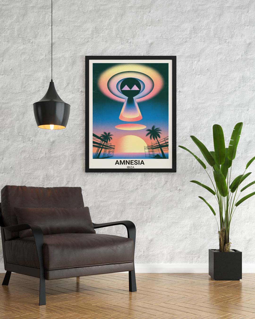 Architectural and ethereal art print of Amnesia Ibiza by Map Your Dreams. Captures the legendary terrace vibes through a sharp 1970s retro-futurist and dreamscape lens.