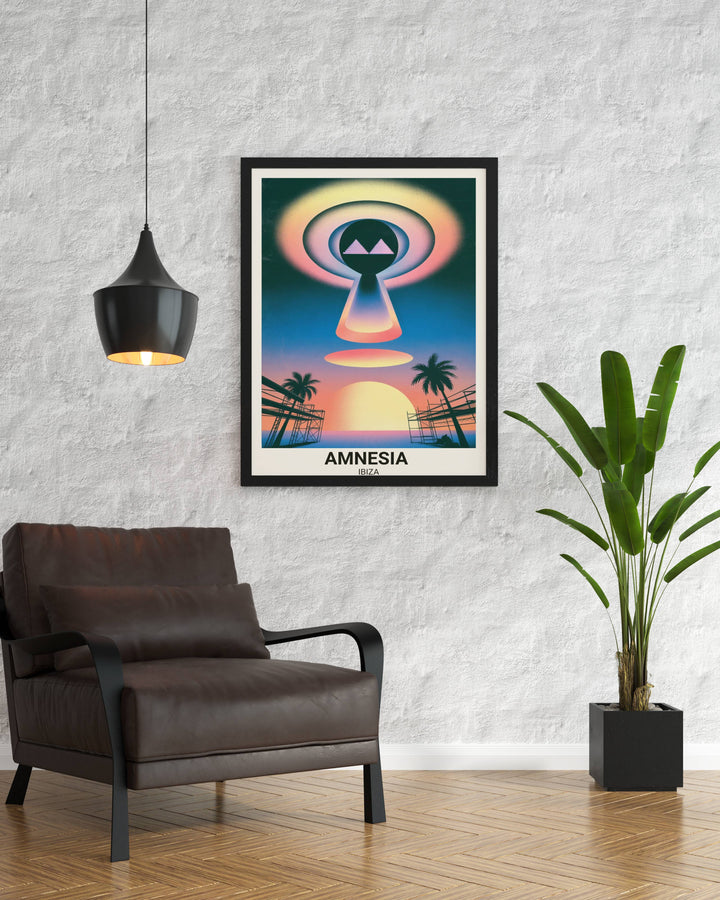 Architectural and ethereal art print of Amnesia Ibiza by Map Your Dreams. Captures the legendary terrace vibes through a sharp 1970s retro-futurist and dreamscape lens.