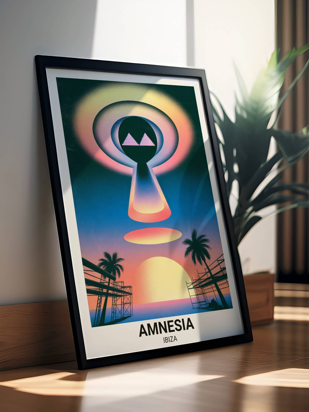 High-end Risograph-style Amnesia Ibiza poster by Map Your Dreams with deep petrol blue and warm amber gradients. Captures the transcendental energy of an Ibiza terrace sunrise.